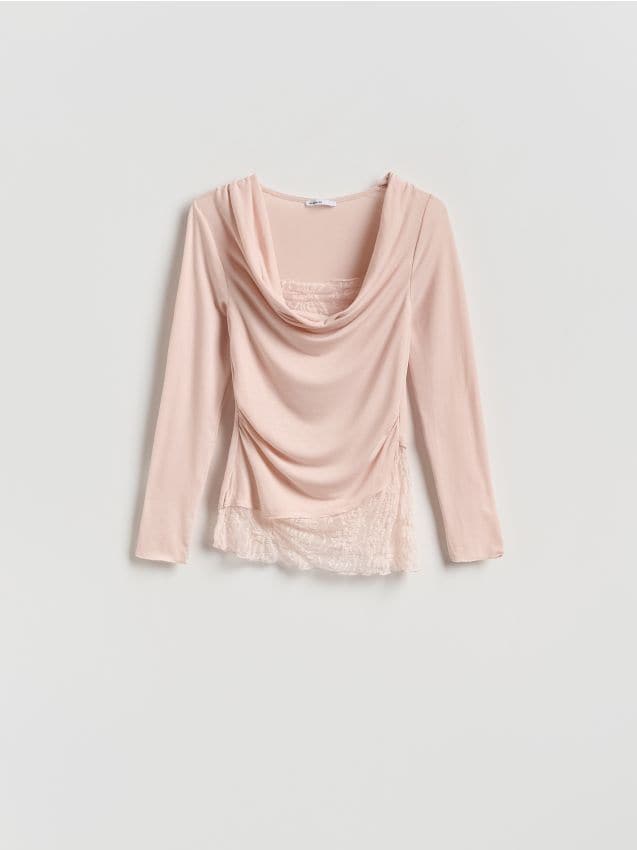 Reserved - Bluzka z koronkową wstawką - pastelowy róż