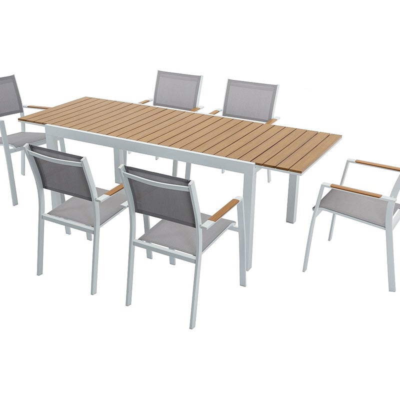 Zestaw mebli ogrodowych jadalnianych z aluminium i polywood - rozkładany stół dł. 170/230 cm i 6 sztaplowanych foteli - Naturalny jasny i szary - MACI