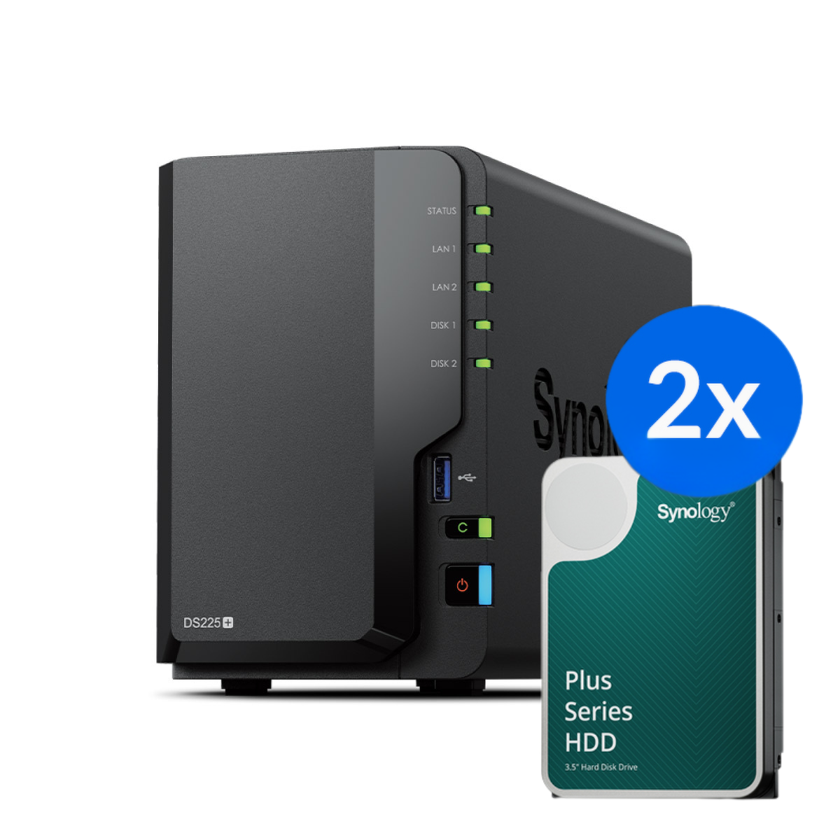 Synology DS225+ /24T 2-zatokowy serwer NAS w zestawie z dyskami o łącznej pojemności 24TB, Tower