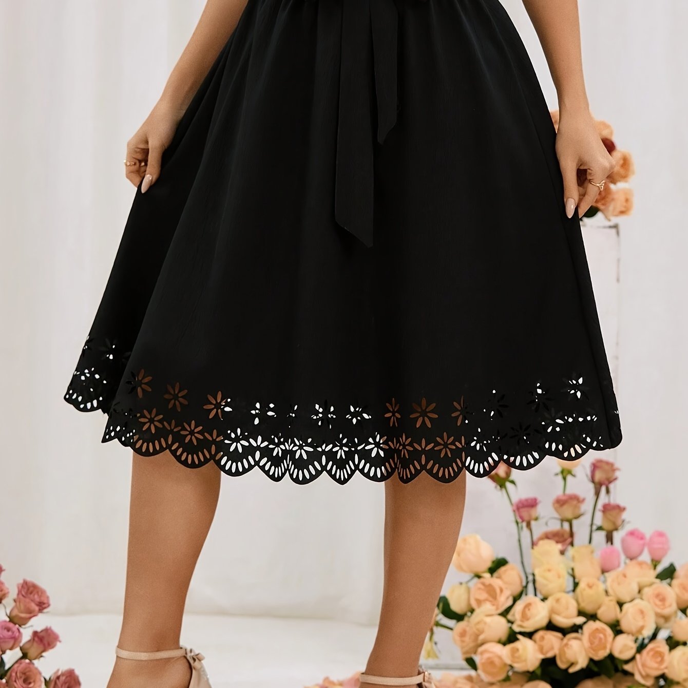 TEMU Spódnica midi w jednolitym kolorze z spaleniskowym kwiatowym dołem