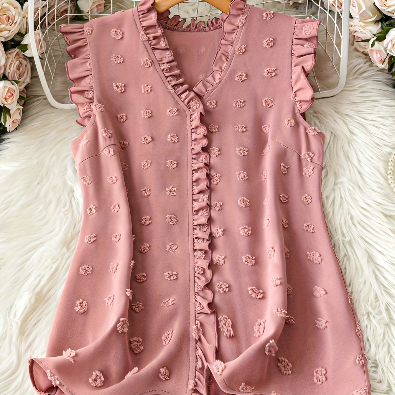 TEMU Elegancki damski top bez rękawów w stylu casual na wakacje, w jednolitym kolorze, z szwajcarskimi kropkami i patchworkiem, z falbankami