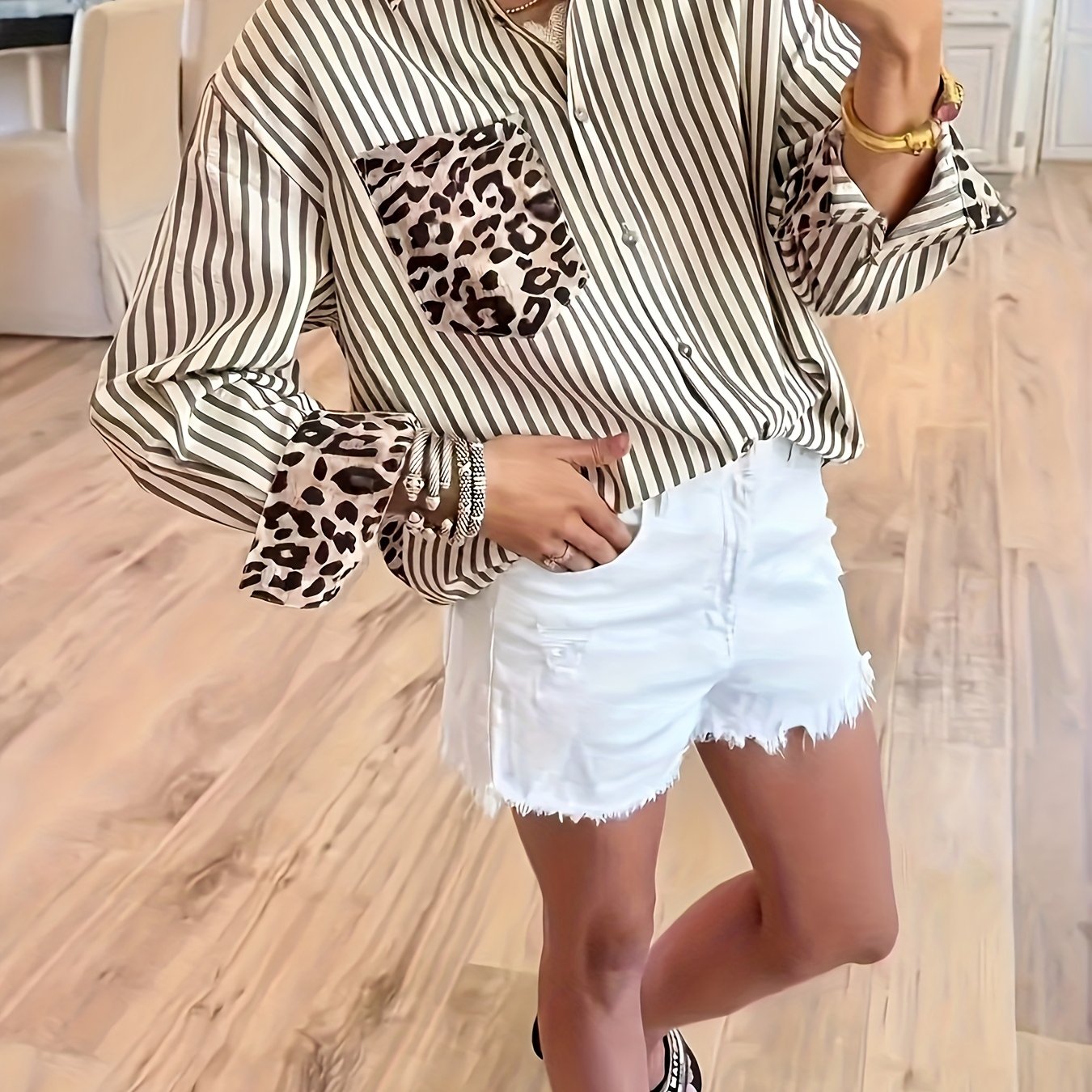 TEMU Elegancka damska koszula z kieszeniami w panterkę, codzienna bluzka z długim rękawem i stójką, wykonana z lekkiej tkaniny, modna na wiosnę i