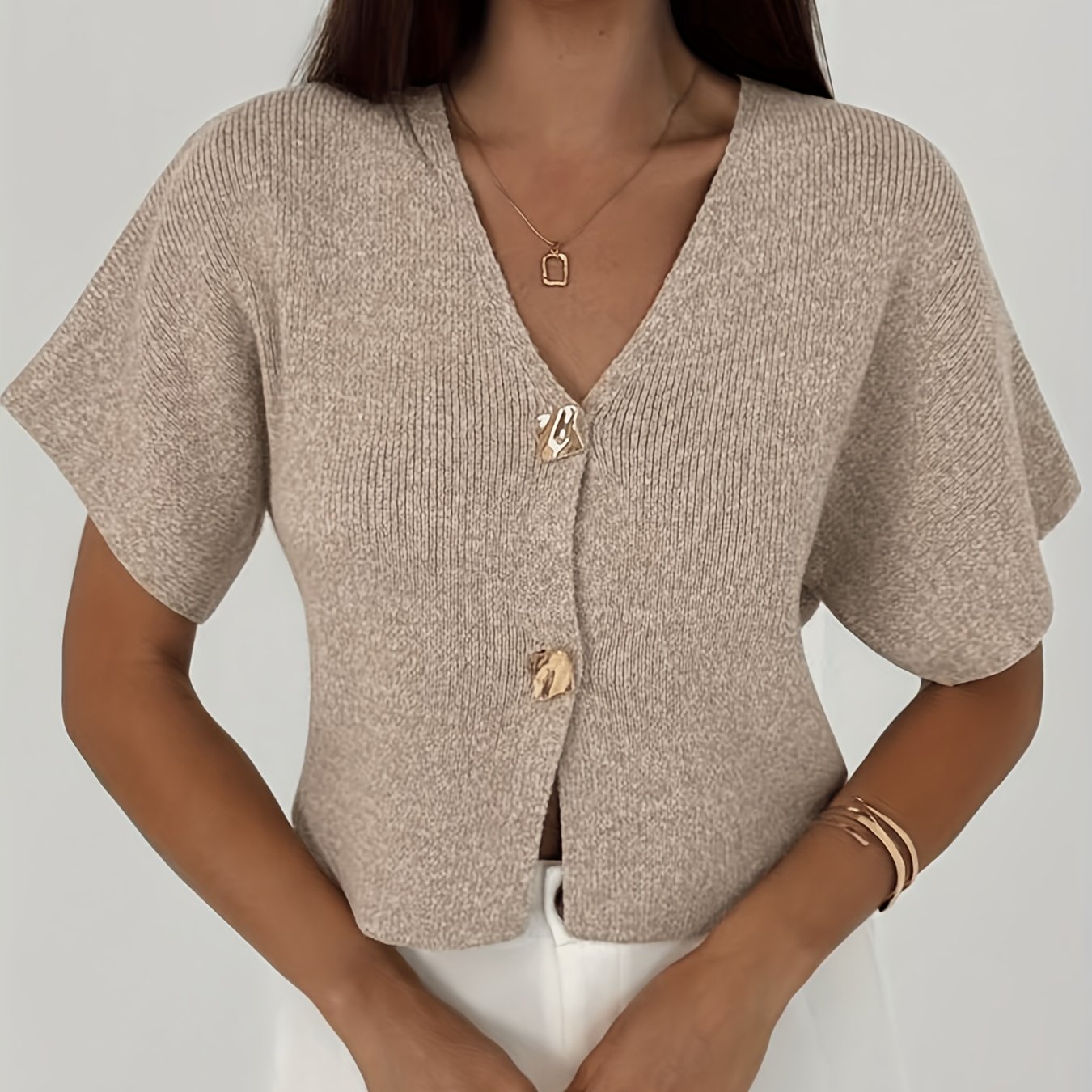 TEMU QD1027015 minimalistyczna modna bluzka do biura, jesienna i zimowa, z krótkim rękawem, głębokim dekoltem w serek, dopasowany kardigan na guziki,