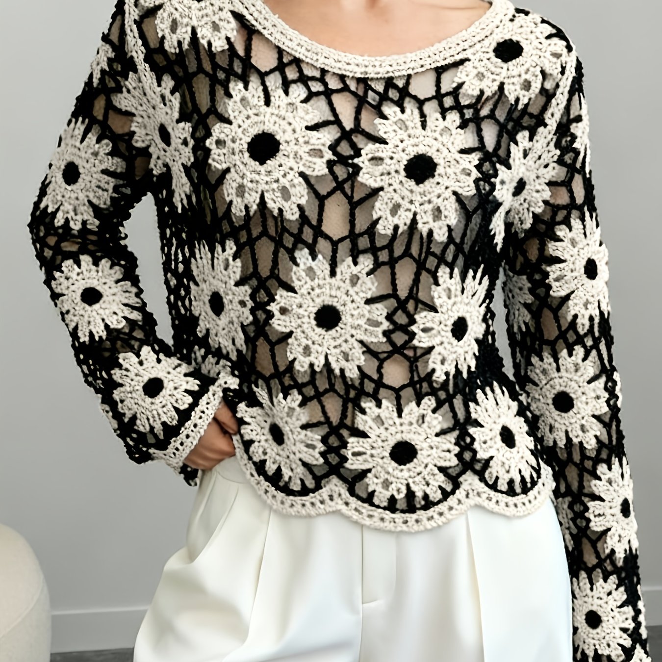 TEMU Damska Lekka Bluzka z Długim Rękawem i Ażurowym Wzorem Szydełkowym, Idealna na Jesień i Uniwersalna dla Wzoru Slim Fit