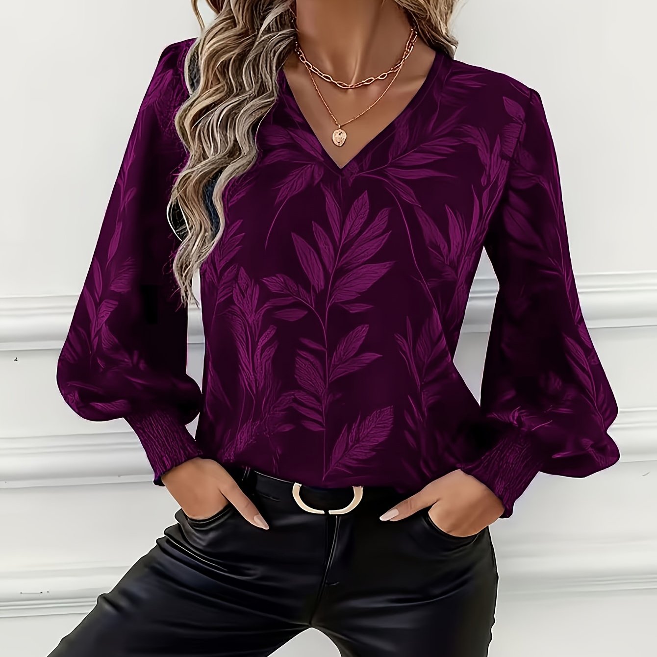 TEMU Damska koszula z długim rękawem i dekoltem w serek, z nadrukiem liści, nierozciągliwa, strukturalna bluzka, idealna na co dzień i na specjalne