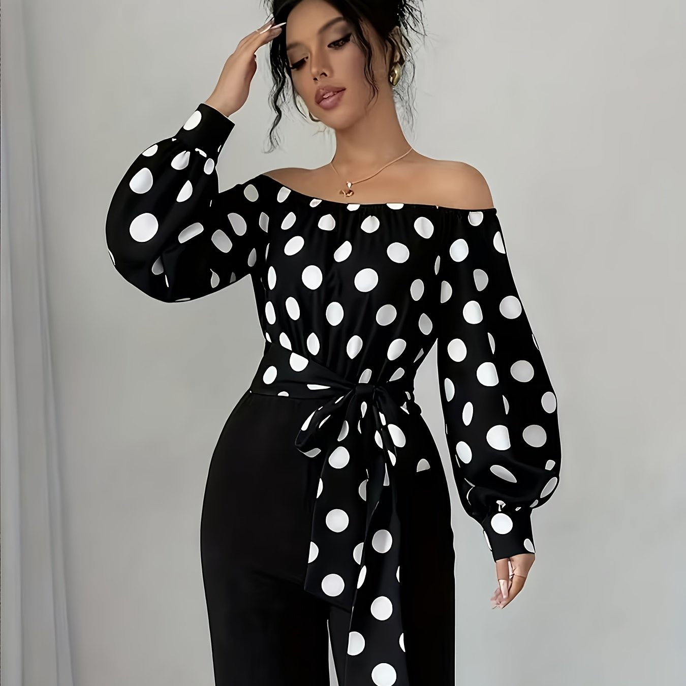 TEMU Wiosna/ Elegancka Bluzka Damska z Kwadratowym Dekoltem, Latarnianymi Rękawami, Wiązaniem z Tyłu, Wzorzysta w Kropki, Off-Shoulder, Długi Rękaw,