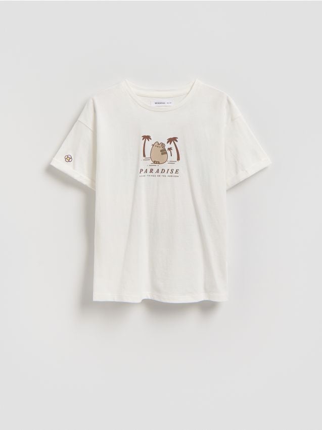 Reserved - T-shirt z nadrukiem na plecach Pusheen - złamana biel