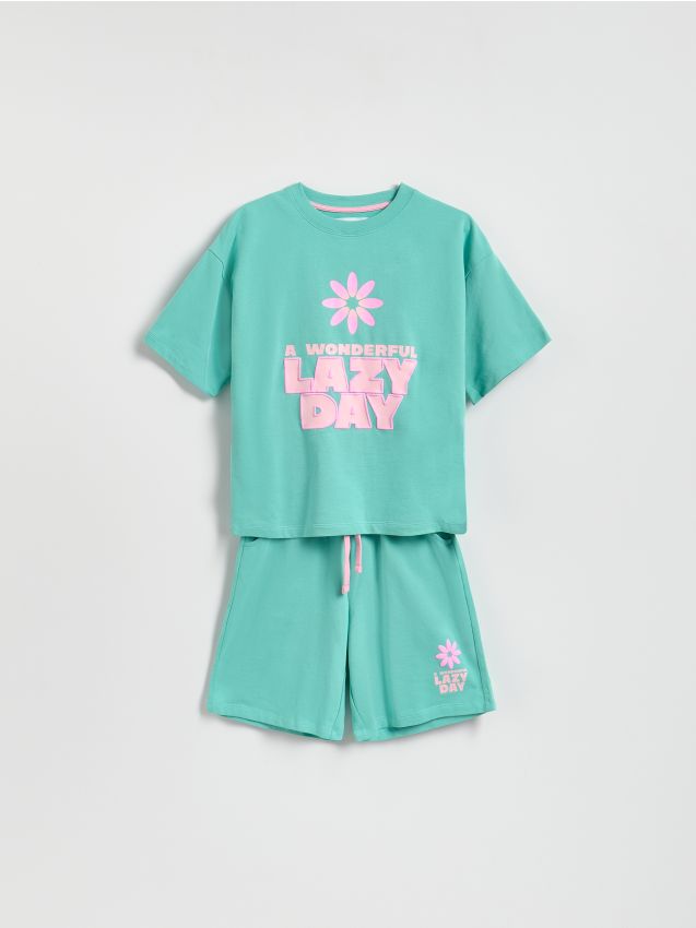 Reserved - Bawełniany komplet z nadrukiem - jasnoturkusowy