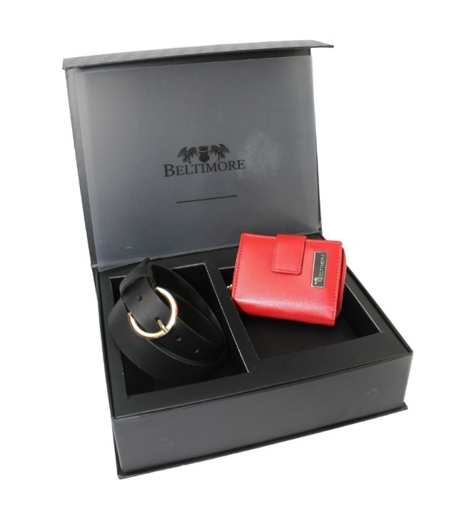 Elegancki I Stylowy Zestaw Upominkowy Dla Niej BELTIMORE Czerwony Portfel Poziomy Z Suwakiem + Klasyczny Czarny Pasek 30 mm Z13