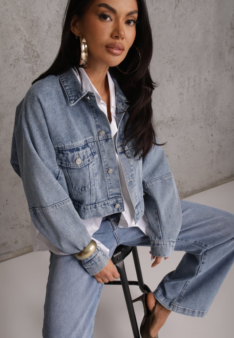 Niebieska Kurtka Jeansowa z Bawełny Typu Crop Bomber Jacket Veloma