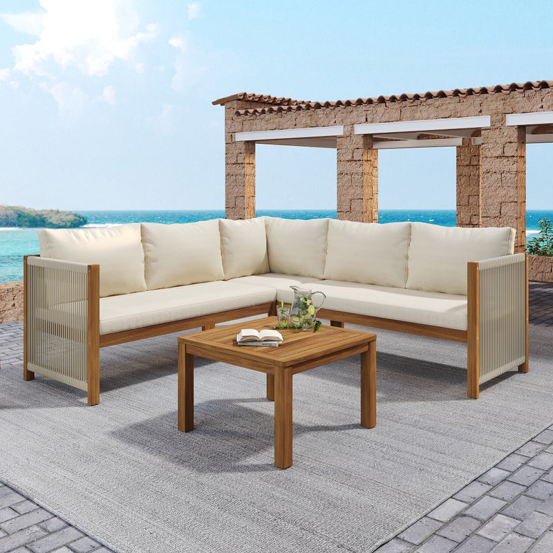 Zestaw mebli ogrodowych z drewna akacjowego 4-osobowy: 2 sofy dwuosobowe + 1 fotel + kwadratowy stolik kawowy + poduszki - Beżowy