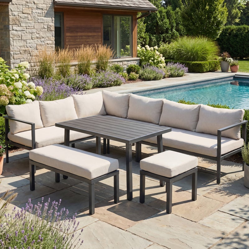 Zestaw mebli ogrodowych ze stali ocynkowanej, 9-osobowy: stół jadalniany imitujący drewno + 5-osobowa sofa narożna + ławka + stołek - szary