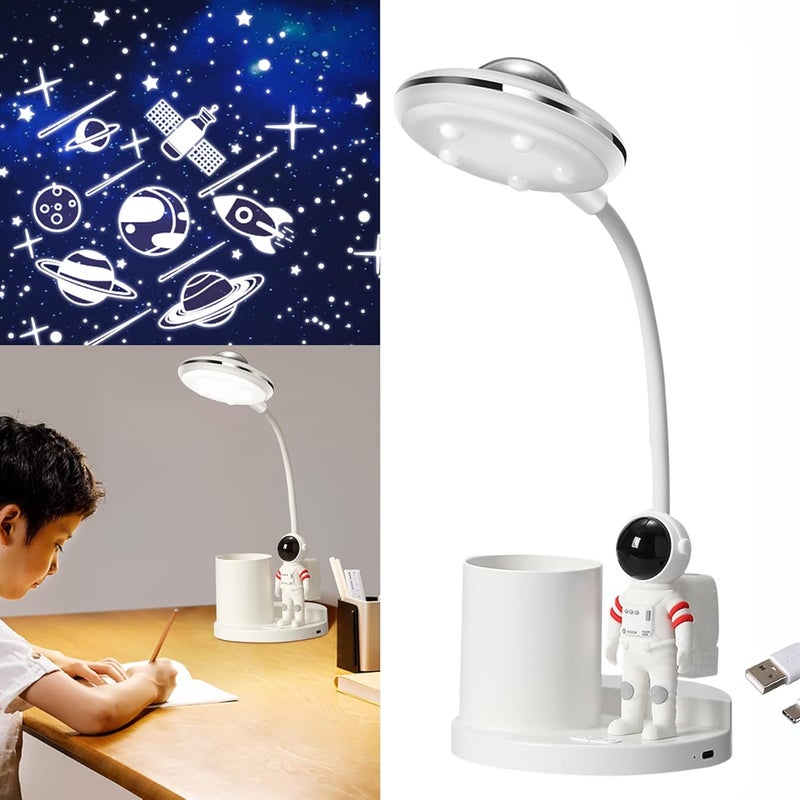 Lampka biurkowa w kształcie astronauty dla nastolatków - z reflektorkiem i uchwytem na długopis - idealna do czytania przez dzieci w ich pokoju -biała
