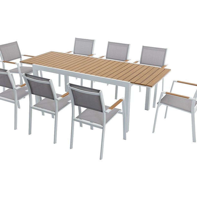 Zestaw mebli ogrodowych jadalnianych z aluminium i polywood - rozkładany stół dł. 170/230 cm i 8 sztaplowanych foteli - Naturalny jasny i szary - MACI