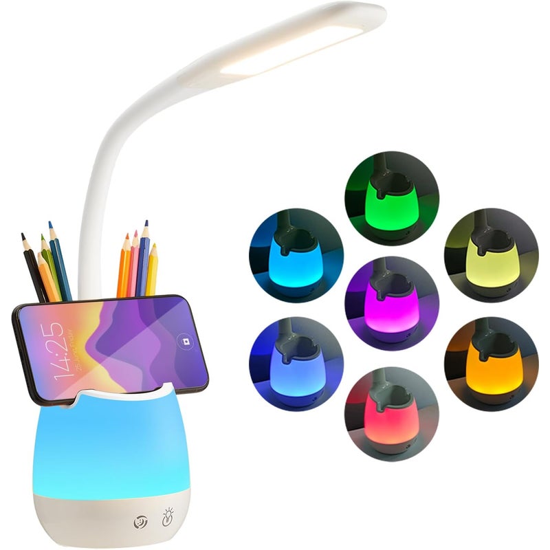 Lampka biurkowa LED dla dzieci – Lampka stołowa z uchwytem na długopisy – 3 tryby i 3 poziomy jasności – Lampka nocna z kolorową lampką nocną