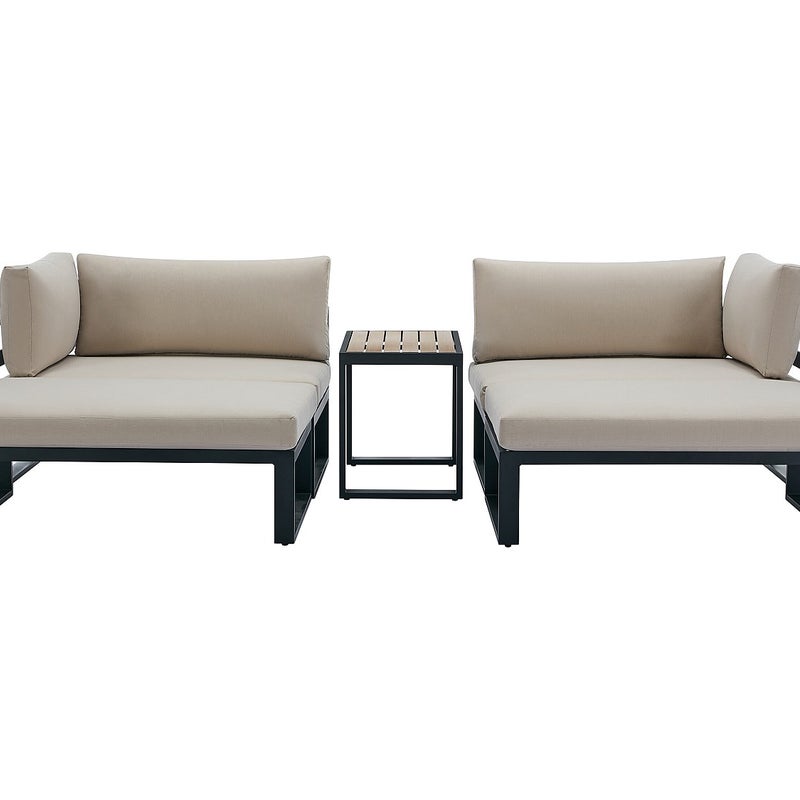 Zestaw mebli ogrodowych modułowych z aluminium: 2 fotele narożne, 2 pufy i stolik kawowy - Czarny z beżowymi poduszkami - NOLLAY marki MYLIA