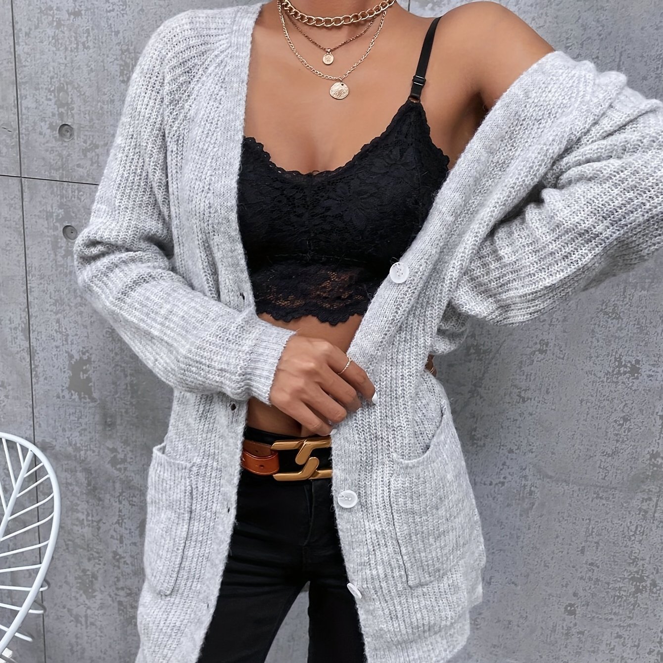 TEMU Kardigan Damski z Dekoltem w Serek i Kieszeniami - Luźny Sweter, Średnio Elastyczny, Raglanowe Rękawy & Wszechsezonowy Styl na Codzienną