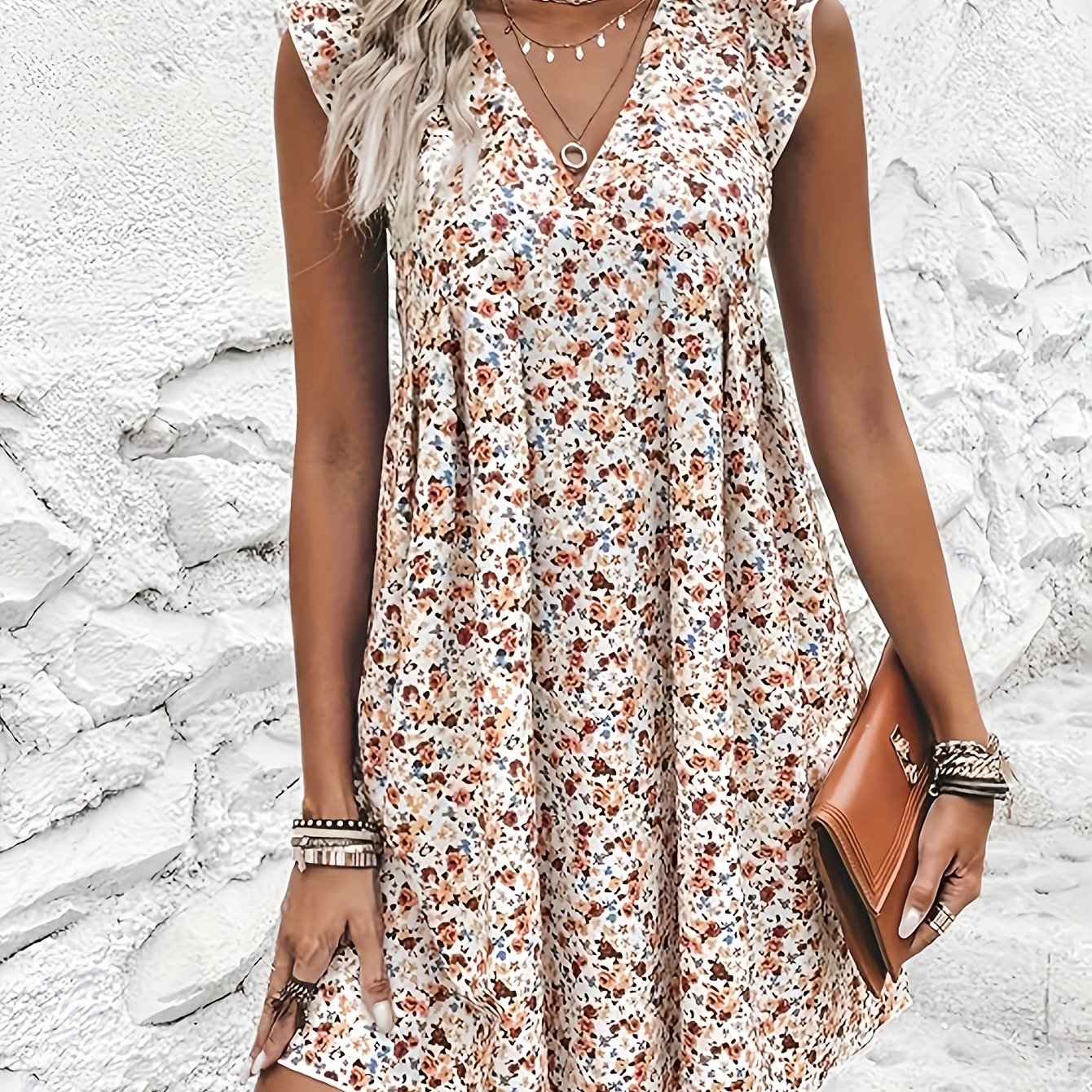 TEMU Damska sukienka bez rękawów o średniej długości, w kwiaty, z dekoltem w serek w stylu francuskim