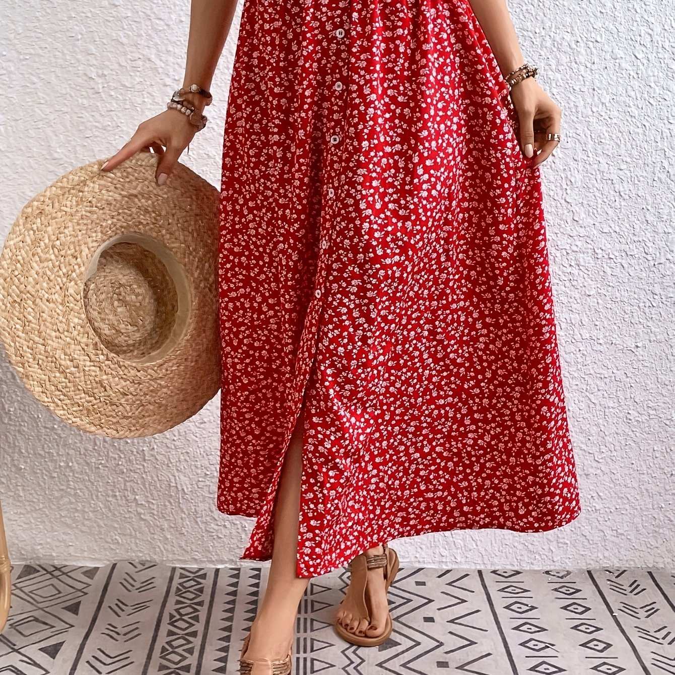 TEMU Spódnica damska wiosna/ z nadrukiem, rozcięciem z przodu i imitacją guzików