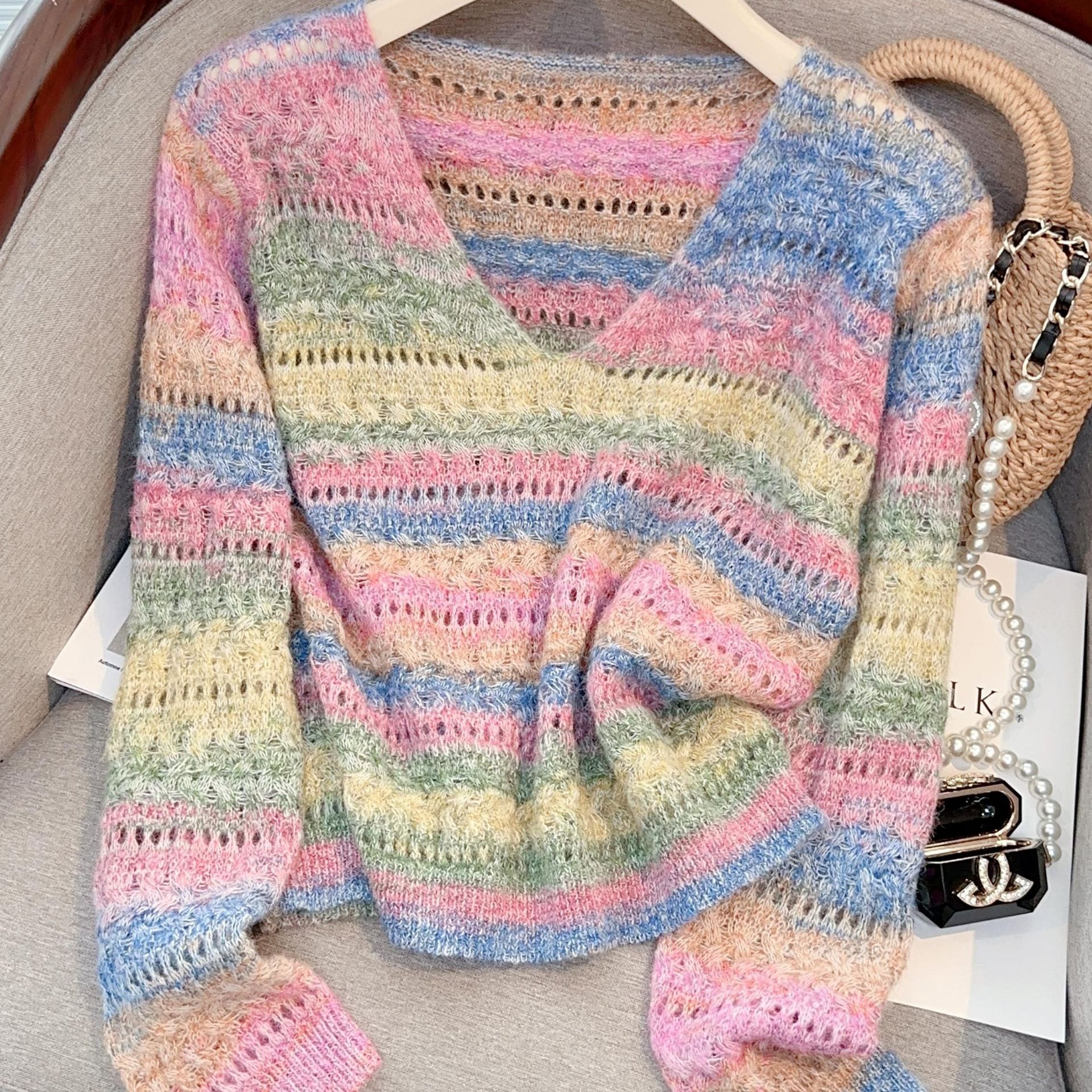 TEMU Lekki, wygodny sweter damski z długim rękawem, idealny na wiosnę i , z dopaminowym gradientem, stylowy i podkreślający sylwetkę.