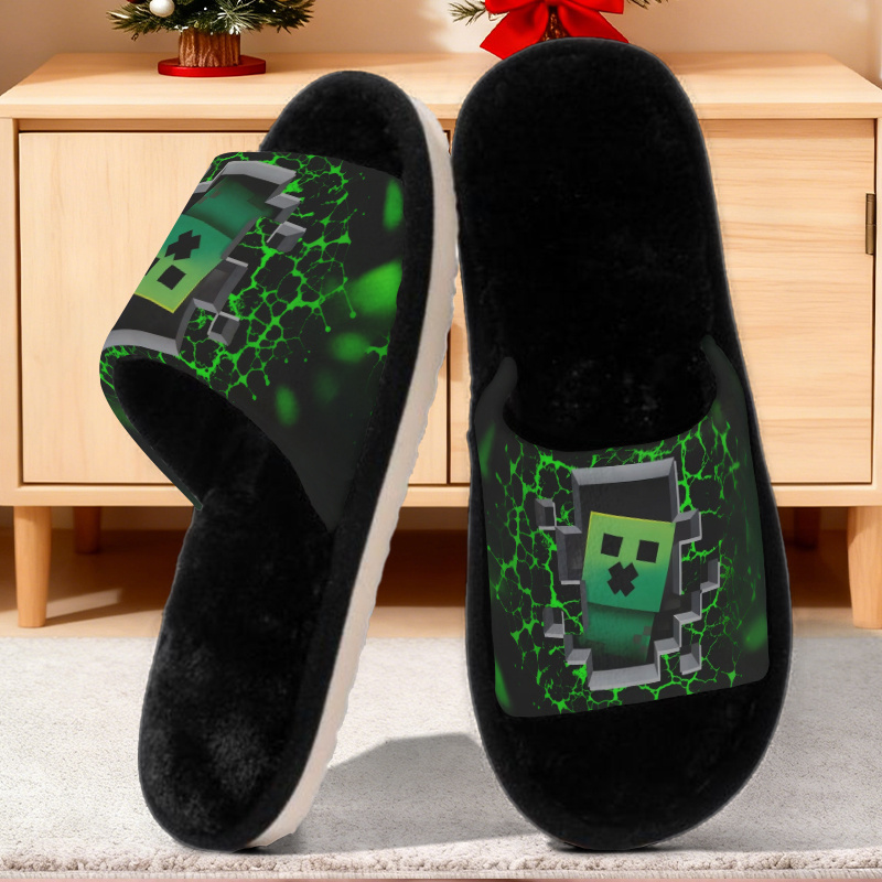 TEMU Kapcie Domowe w Stylu Pixel z Nadrukiem Zielonego Potwora dla Kobiet i Mężczyzn, Idealny Prezent na Święta, Wygodne Antypoślizgowe Kapcie