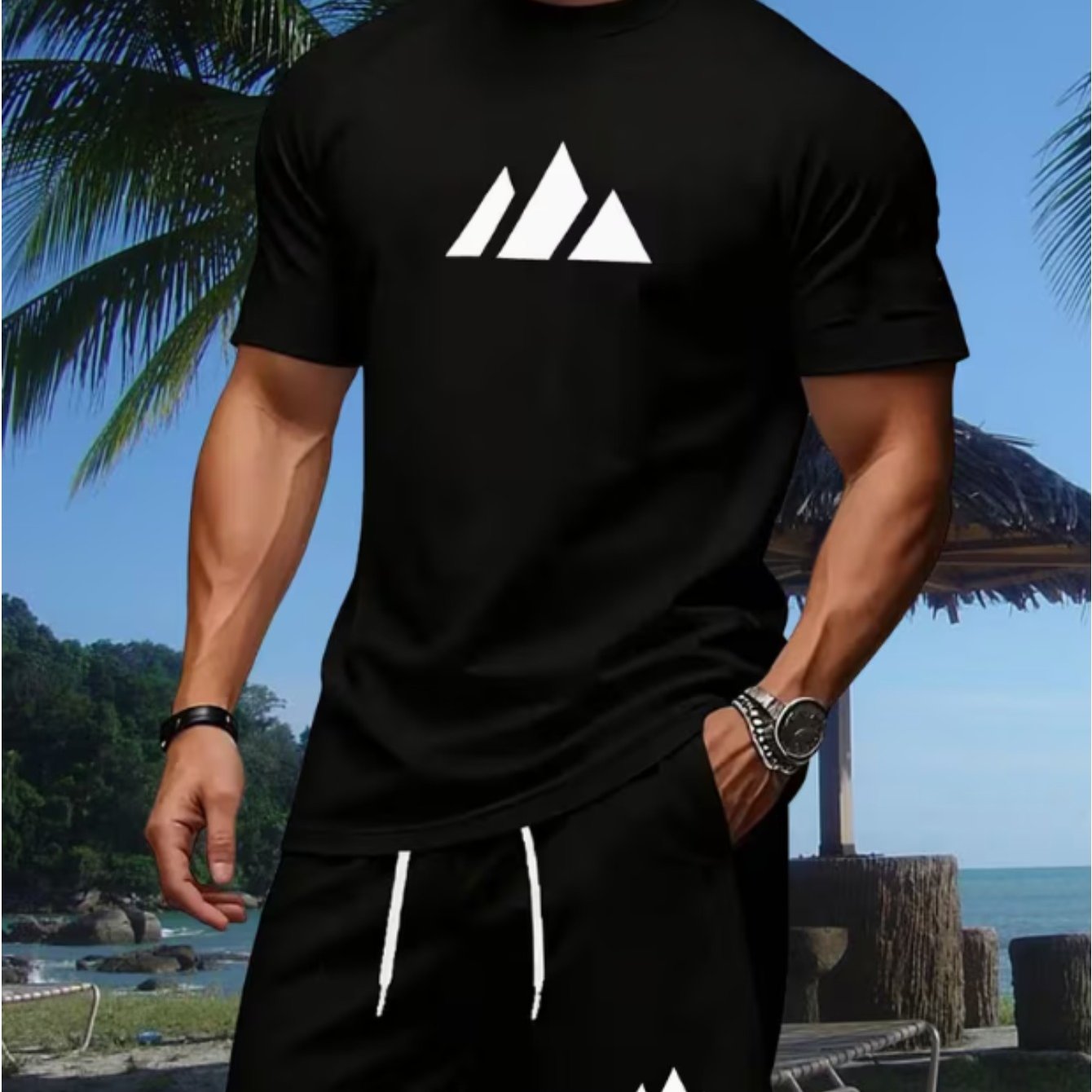 TEMU Męska koszulka z okrągłym dekoltem i wzorzystym nadrukiem, idealna do spędzania czasu na świeżym powietrzu i uprawiania . Wykonana z