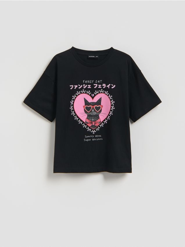 Reserved - Luźny t-shirt z nadrukiem - czarny