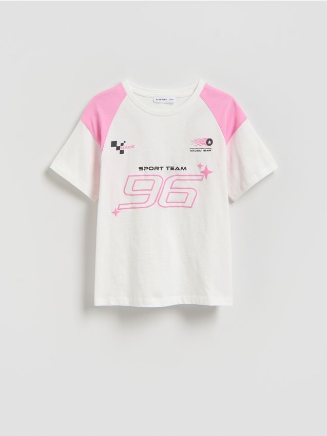 Reserved - T-shirt z sportowym nadrukiem - złamana biel