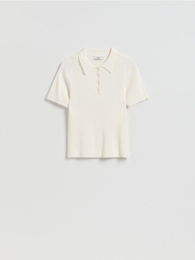 Reserved - T-shirt z kołnierzykiem - złamana biel