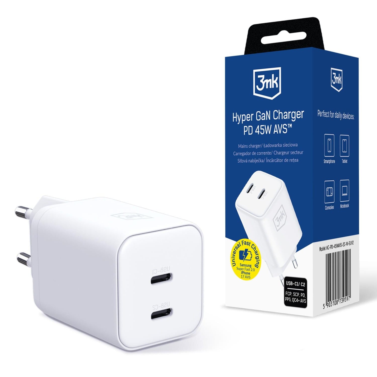 3mk Hyper Charger PD 45W GaN AVS QC4+ PPS AFC FCP DCP 2C White