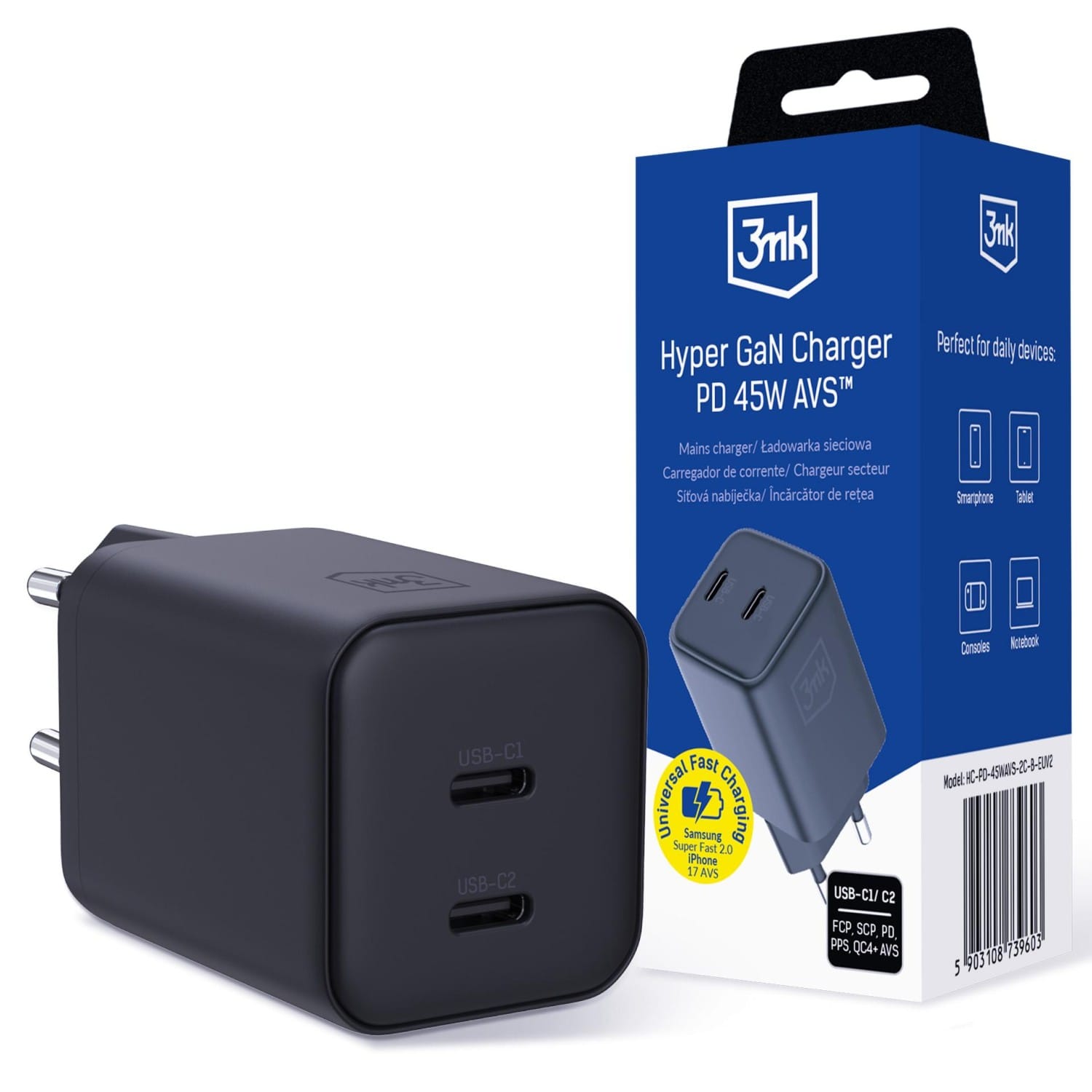 3mk Hyper Charger PD 45W GaN AVS QC4+ PPS AFC FCP DCP 2C Black