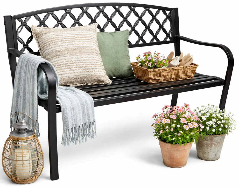 Elior Czarna ławka z ażurowym oparciem do ogrodu Z3-D73