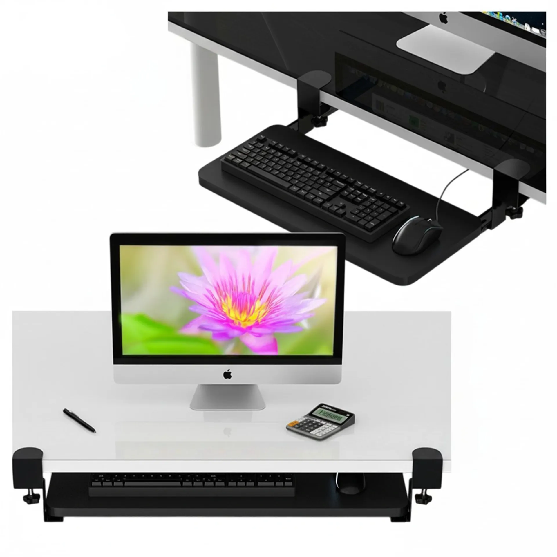 Uchwyt podbiurkowy na klawiaturę i mysz 75×24 cm – obracany, wysuwany, z regulowanym zaciskiem 1–45 mm, stabilny montaż – Alogy DeskMount™ Czarny