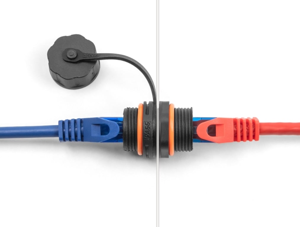 DeLOCK Złącze kablowe RJ45 żeńskie na RJ45 żeńskie Cat.6A z gwintem M20 i nasadką ochronną IP68 pyło- i wodoszczelne 88145