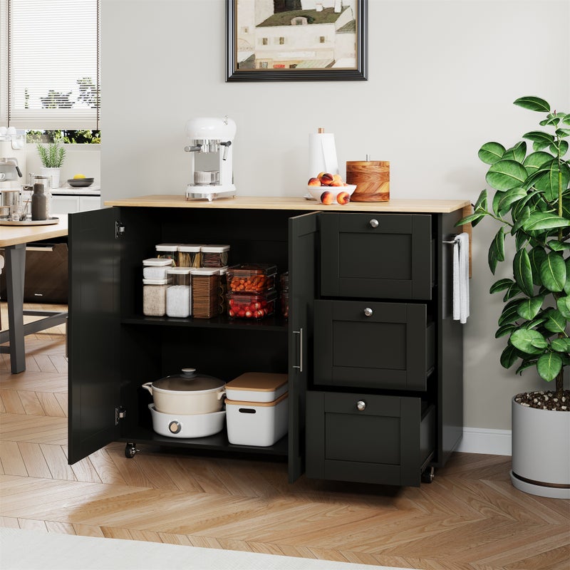 Mobilna wyspa kuchenna z 2 drzwiami i 3 szufladami - 135 x 44/70 x 90 cm - Wysuwany blat - MDF - Czarny + naturalny
