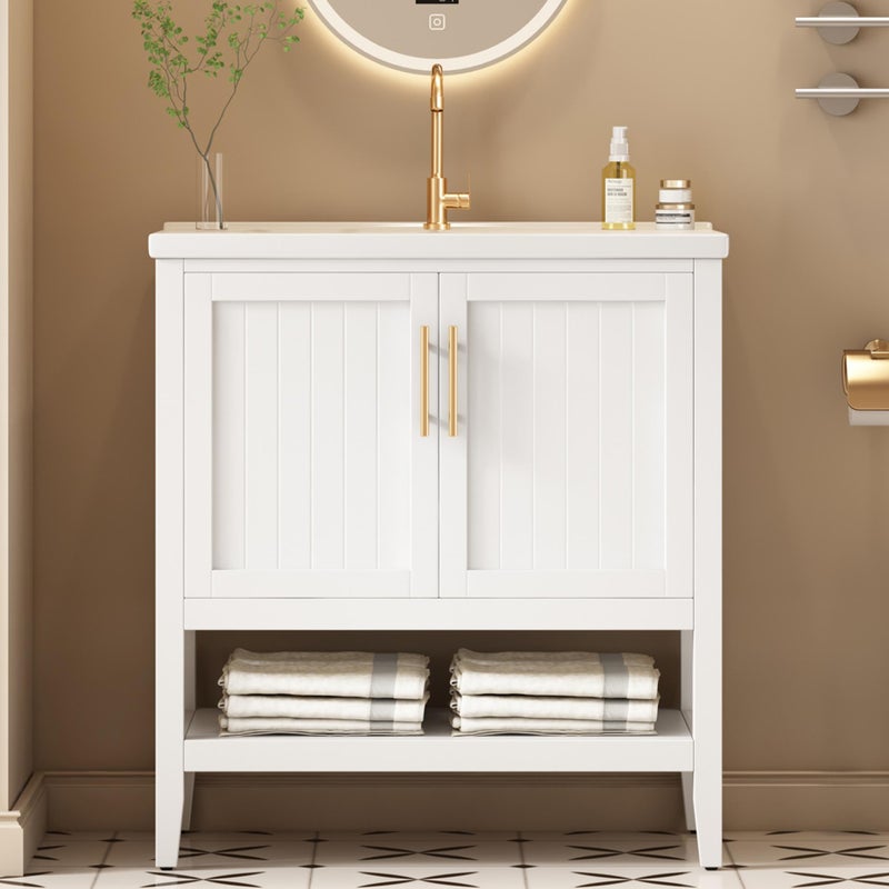 Szafka łazienkowa 80 cm z umywalką ceramiczną – biała szafka dolna z eleganckim i stabilnym schowkiem