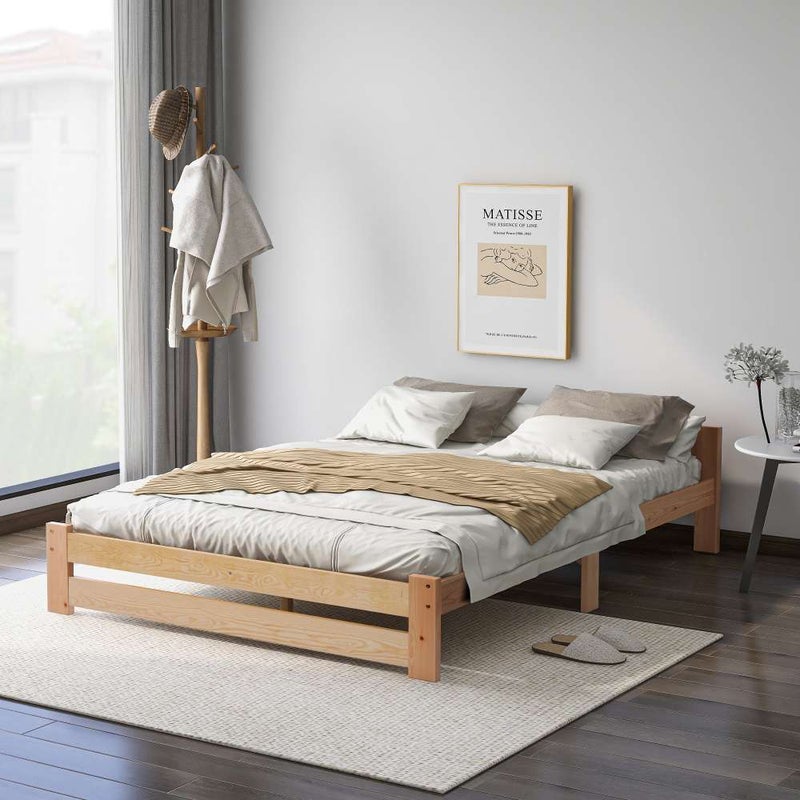 Łóżko futonowe z litego drewna 200x140 cm, naturalne, z zagłówkiem i stelażem z listew – solidne i wygodne