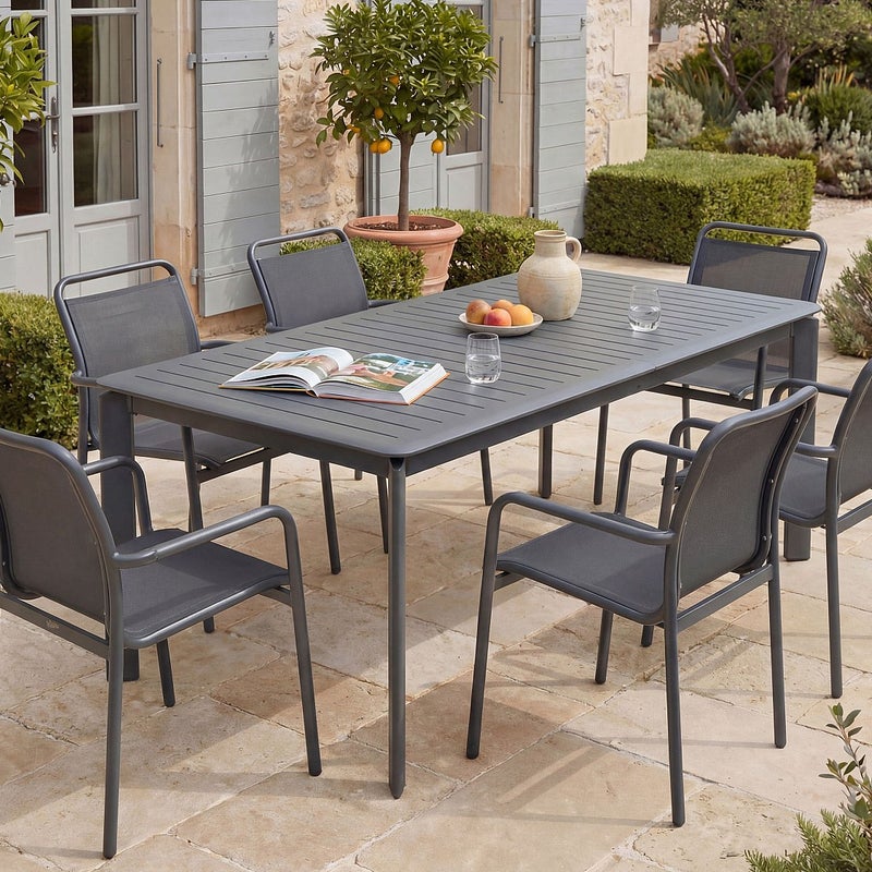 Zestaw mebli ogrodowych z aluminium: stół rozkładany 205/286,5 cm i 6 sztaplowanych foteli - Ciemnoszary - VELYRA od MYLIA