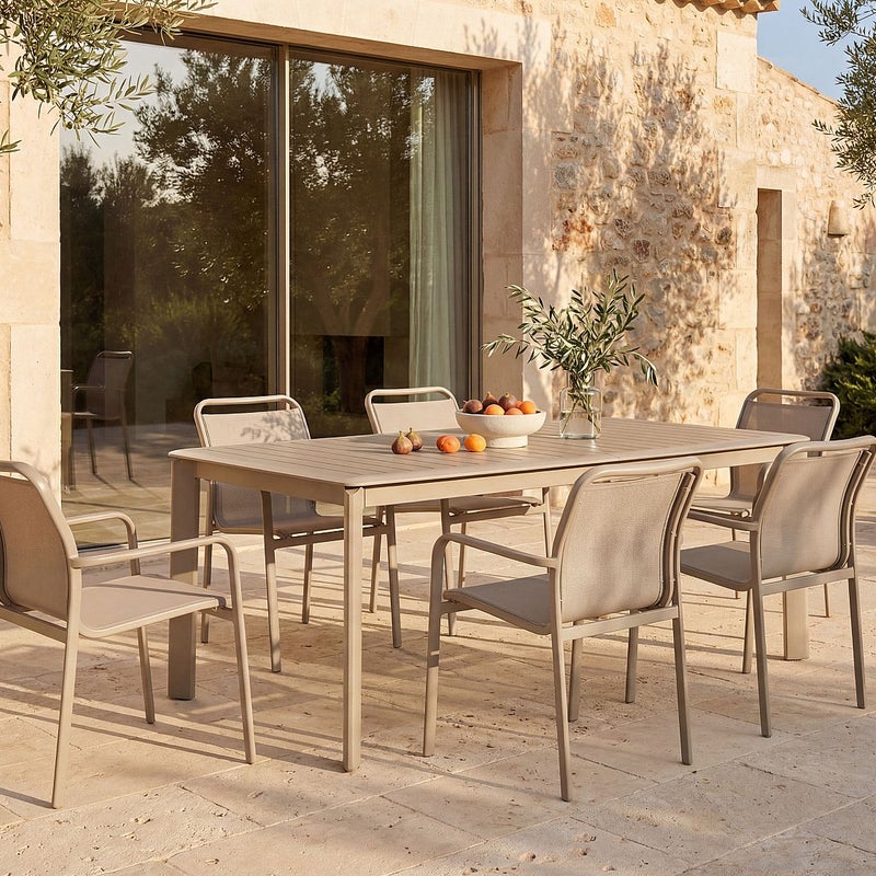 Zestaw mebli ogrodowych z aluminium: stół rozkładany dł. 205/286,5 cm i 6 sztaplowanych foteli - Taupe - VELYRA od MYLIA