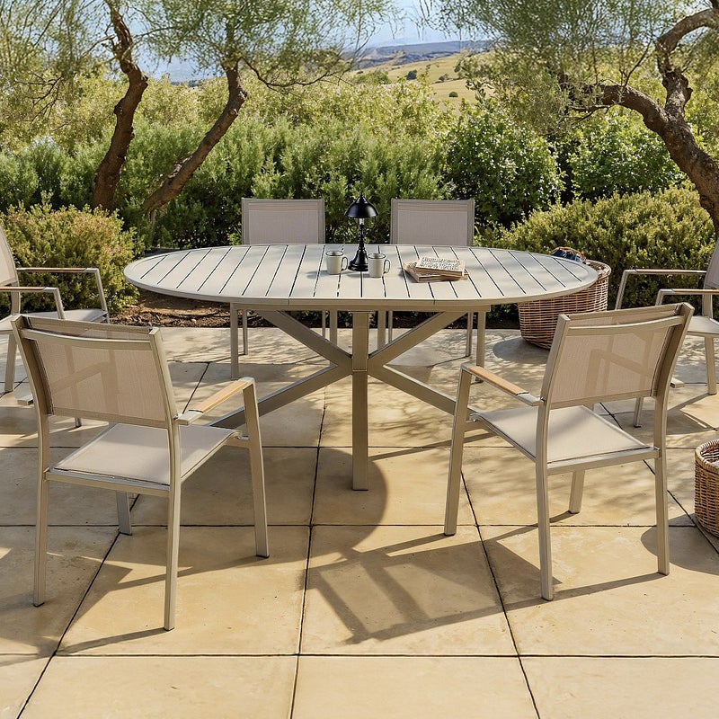 Zestaw mebli ogrodowych: okrągły rozkładany stół o długości 150/200 cm i 6 składanych foteli - Taupe - YOHA od MYLIA
