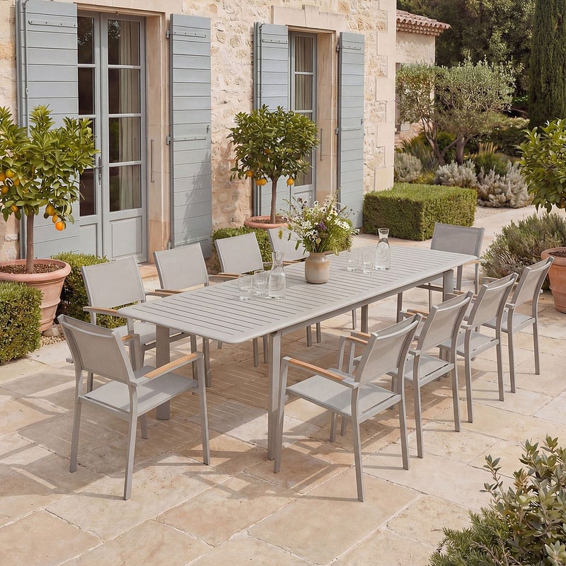 Zestaw mebli ogrodowych z aluminium: rozkładany stół o długości 205/286,5 cm i 10 sztaplowanych foteli - Taupe - MACILA marki MYLIA