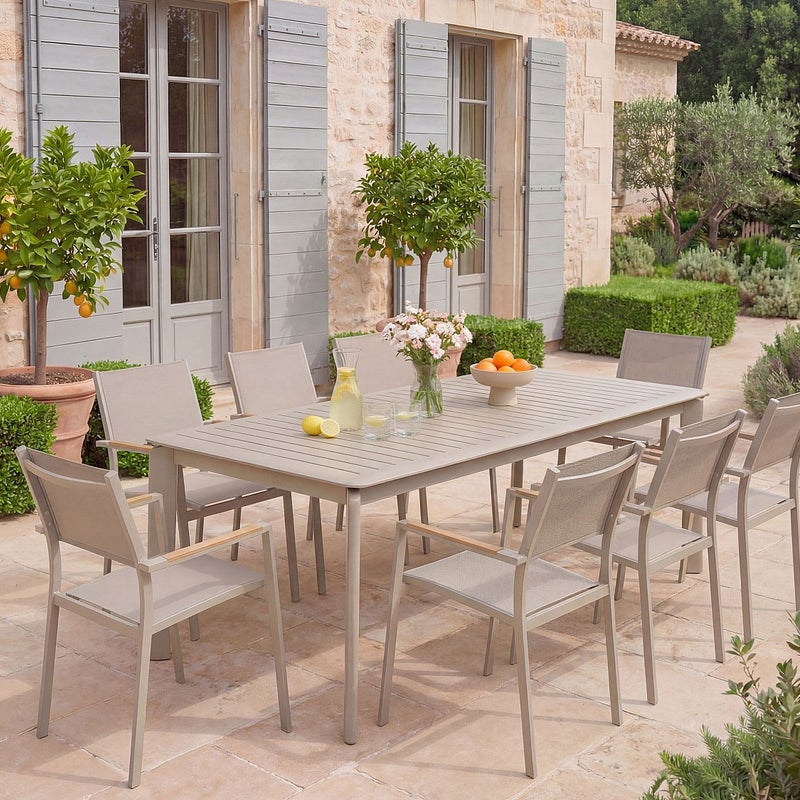 Zestaw mebli ogrodowych z aluminium: stół rozkładany dł. 205/286,5 cm i 8 składanych foteli - Taupe - MACILA marki MYLIA