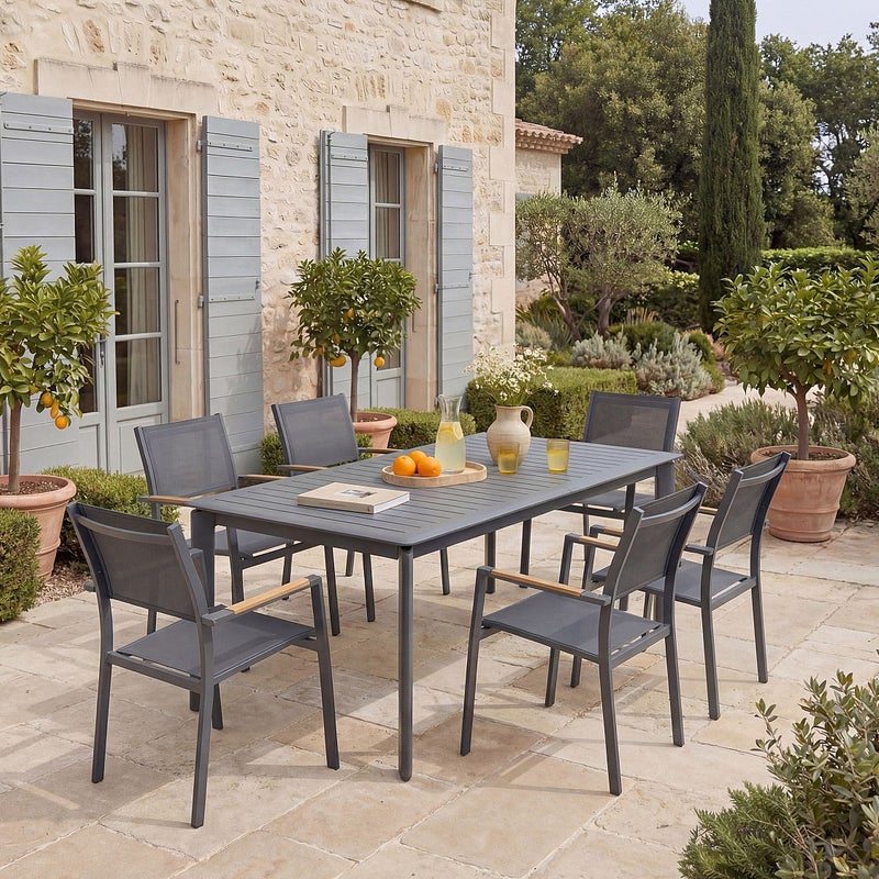 Zestaw mebli ogrodowych z aluminium: stół rozkładany dł. 205/286,5 cm i 6 składanych foteli - Antracytowy - MACILA marki MYLIA