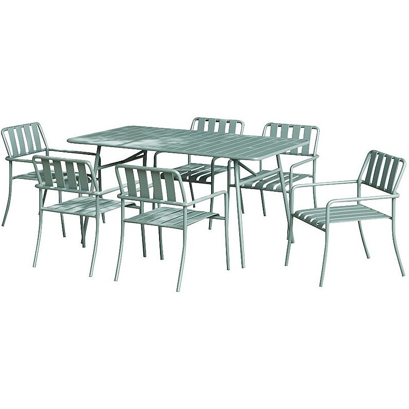 Zestaw mebli jadalnianych ogrodowych z metalu: stół o dł. 160 cm i 6 foteli - Migdałowa zieleń - BIRMOS marki MYLIA