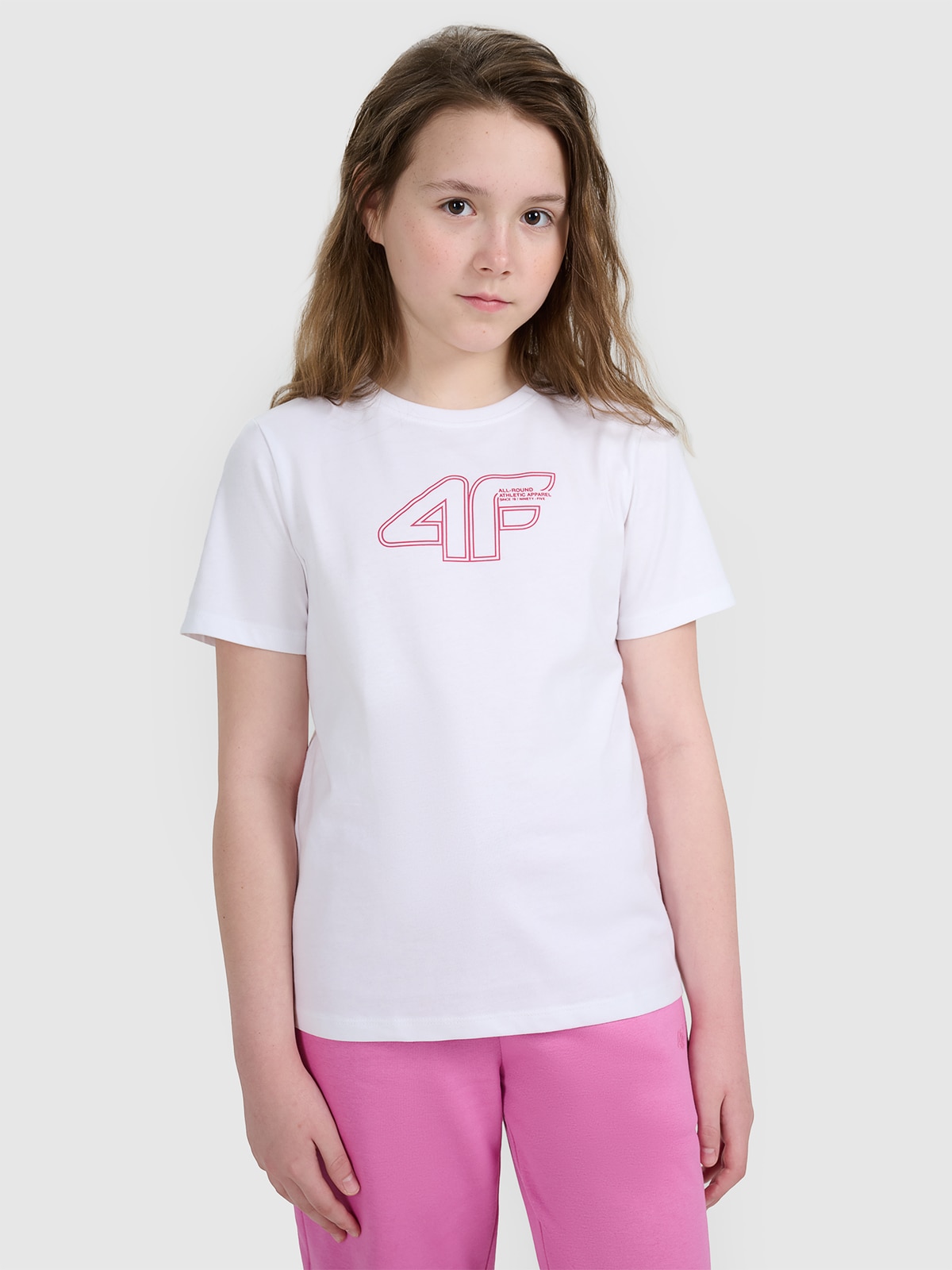 4F T-shirt regular z nadrukiem dziewczęcy - biały 122 (6-7 lat)