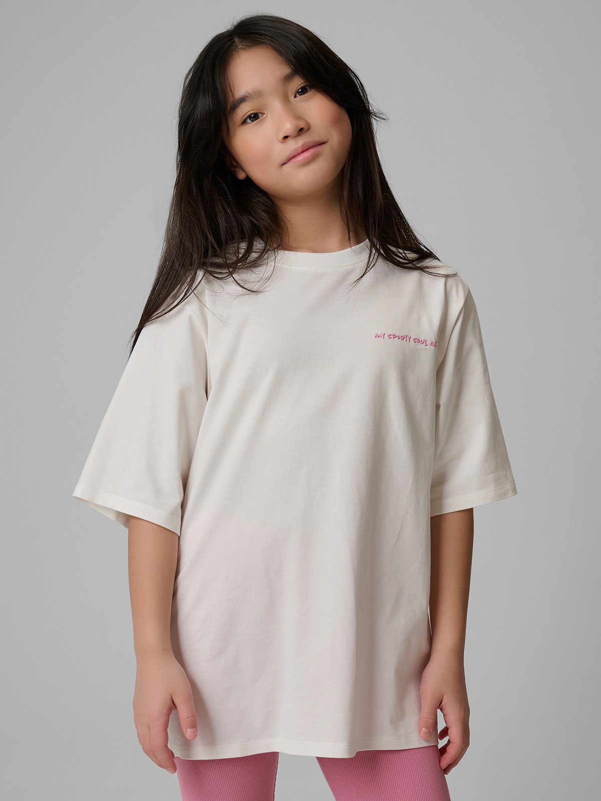 4F T-shirt loose z nadrukiem dziewczęcy - biały 158/164 (12-14 lat)