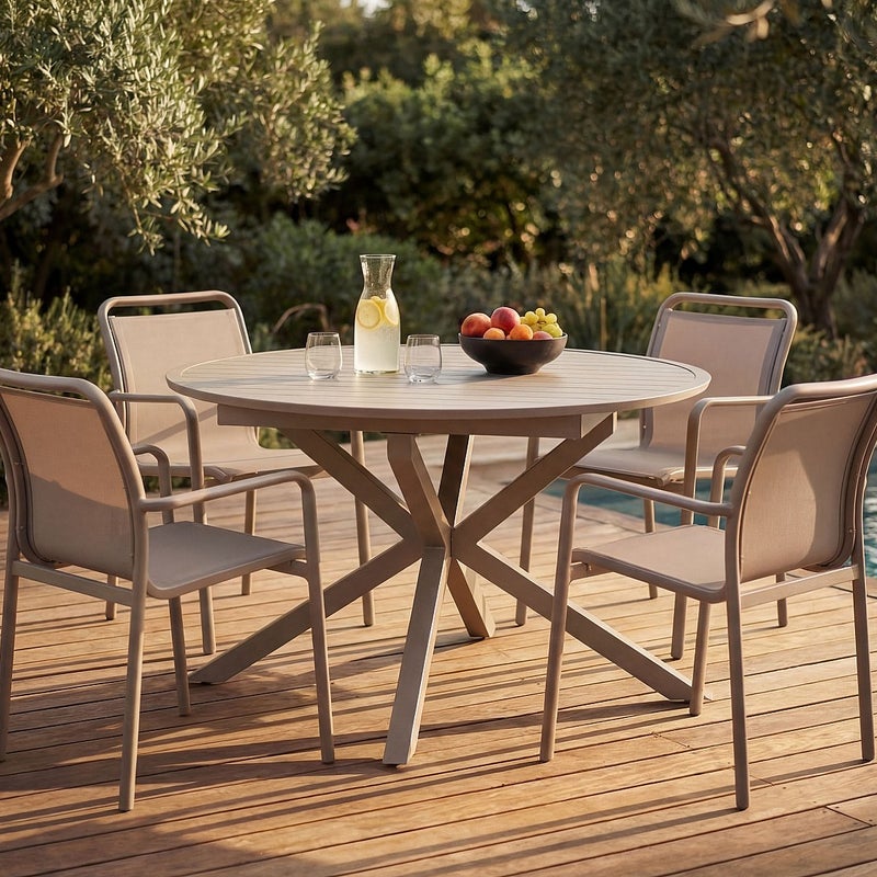 Zestaw mebli ogrodowych z aluminium : okrągły rozkładany stół L.150/200 cm i 4 sztaplowane fotele - Taupe - VELYRA marki MYLIA