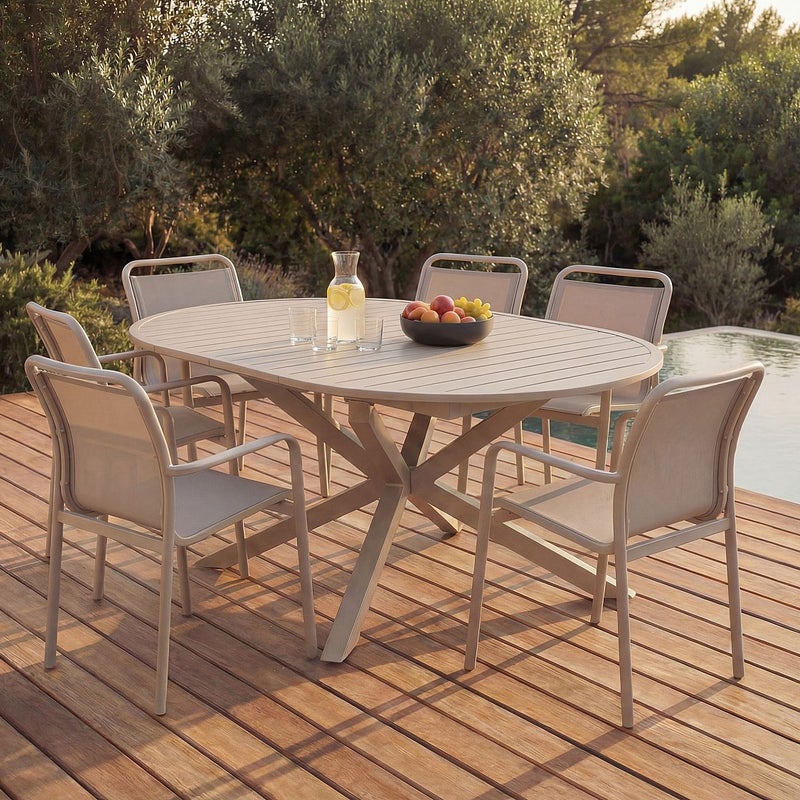 Zestaw mebli ogrodowych z aluminium : okrągły, rozkładany stół o dł. 150/200 cm i 6 składanych foteli - Taupe - VELYRA marki MYLIA