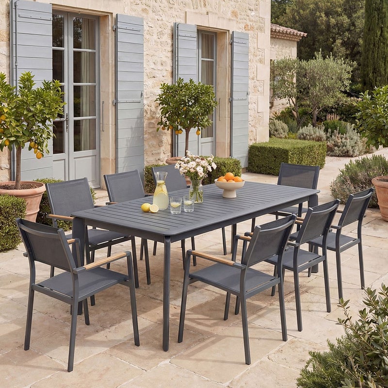 Zestaw mebli ogrodowych z aluminium: stół rozkładany dł. 205/286,5 cm i 8 składanych foteli - Antracytowy - MACILA marki MYLIA
