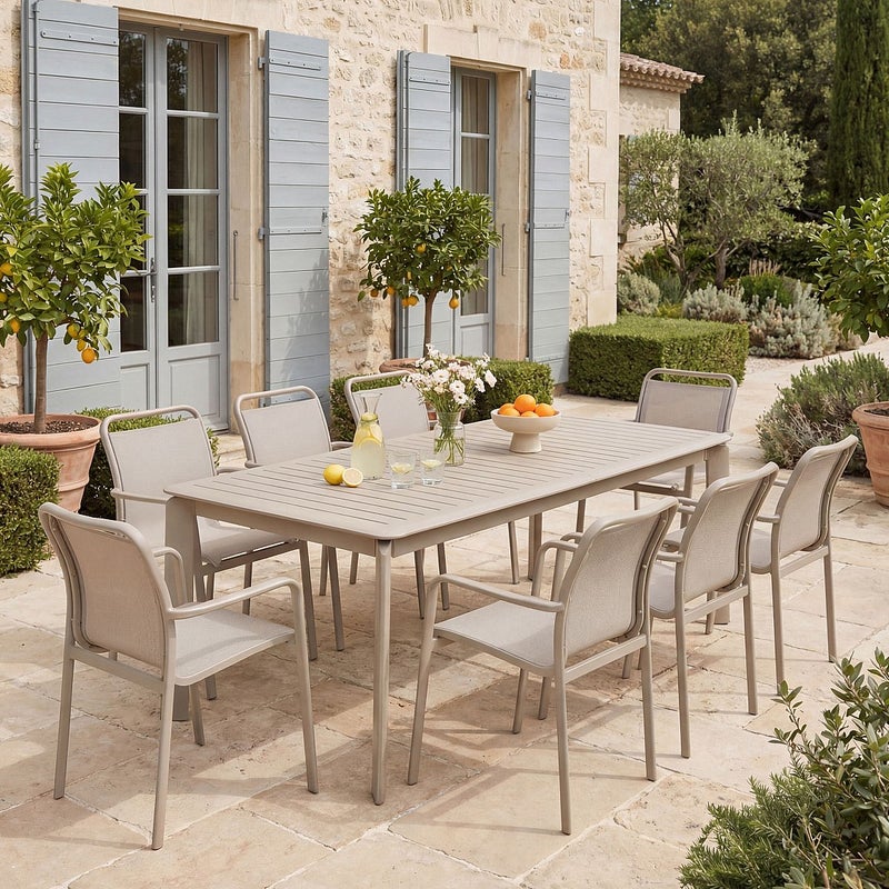 Zestaw mebli ogrodowych z aluminium: stół rozkładany L.205/286.5 cm i 8 sztaplowanych foteli - Taupe - VELYRA od MYLIA